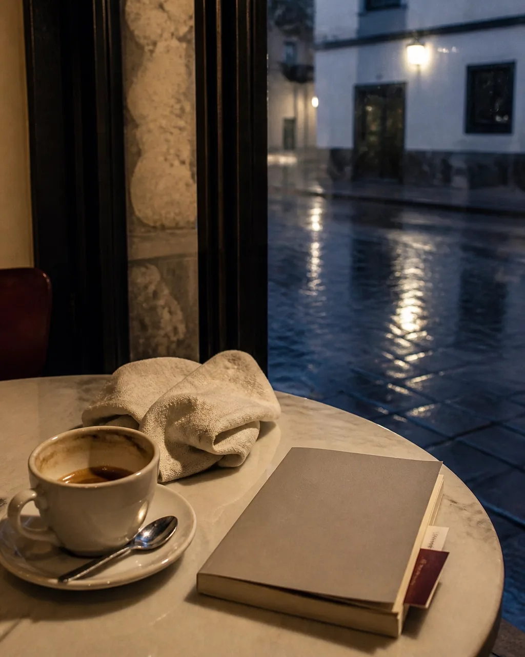 Mesa de café diante de uma rua molhada, com livro fechado e luz de fim de tarde